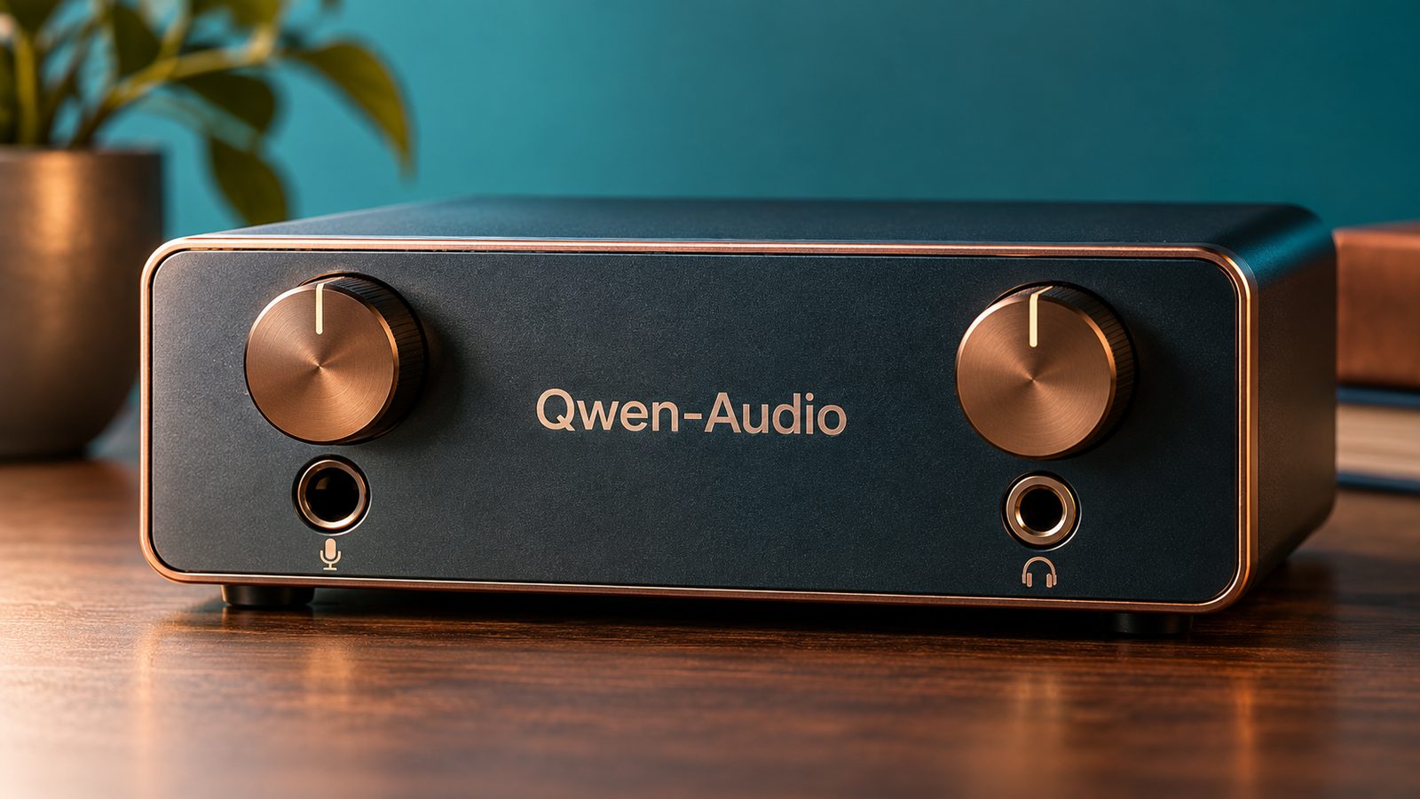 Interfaz de audio ilustrativa con el nombre Qwen-Audio y conexiones de entrada y salida