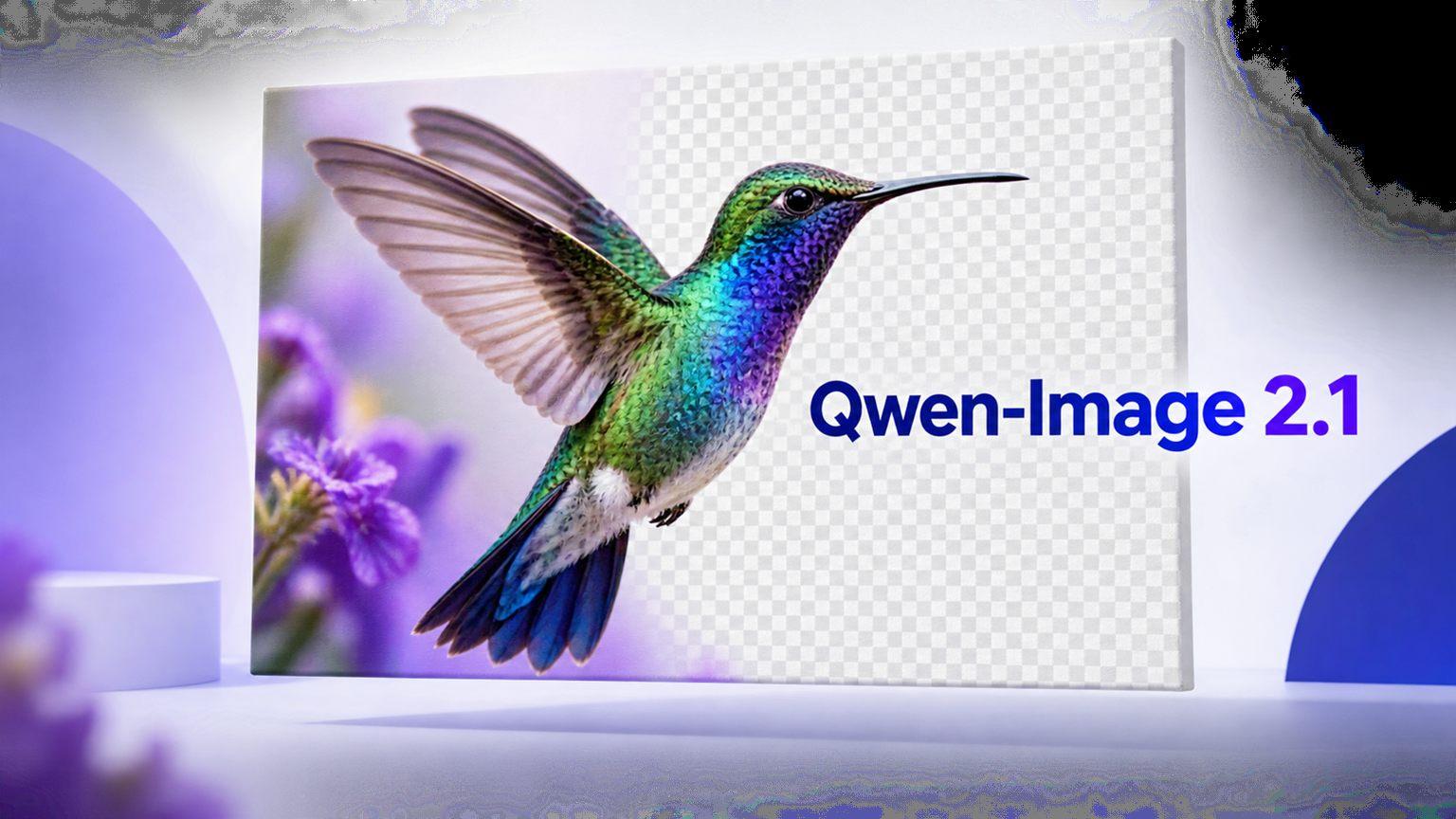 Composición gráfica de Qwen-Image-2.1 con un lienzo fotográfico y una zona transparente cuadriculada