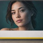 Panel publicitario sobre SB 1050 con el rostro de un intérprete sintético
