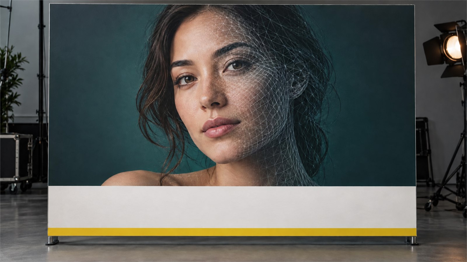 Panel publicitario sobre SB 1050 con el rostro de un intérprete sintético
