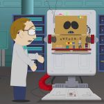 South Park: Cartman disfrazado de AWESOM-O junto a un hombre con bata en un laboratorio
