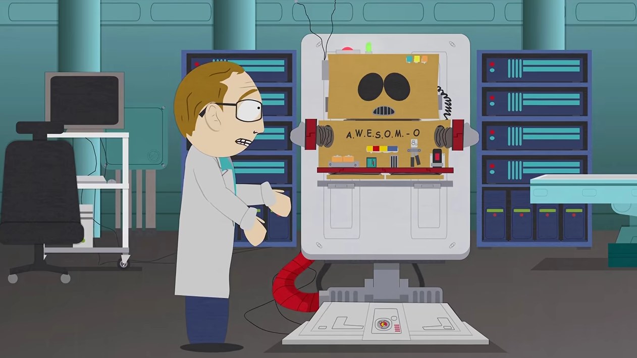 South Park: Cartman disfrazado de AWESOM-O junto a un hombre con bata en un laboratorio