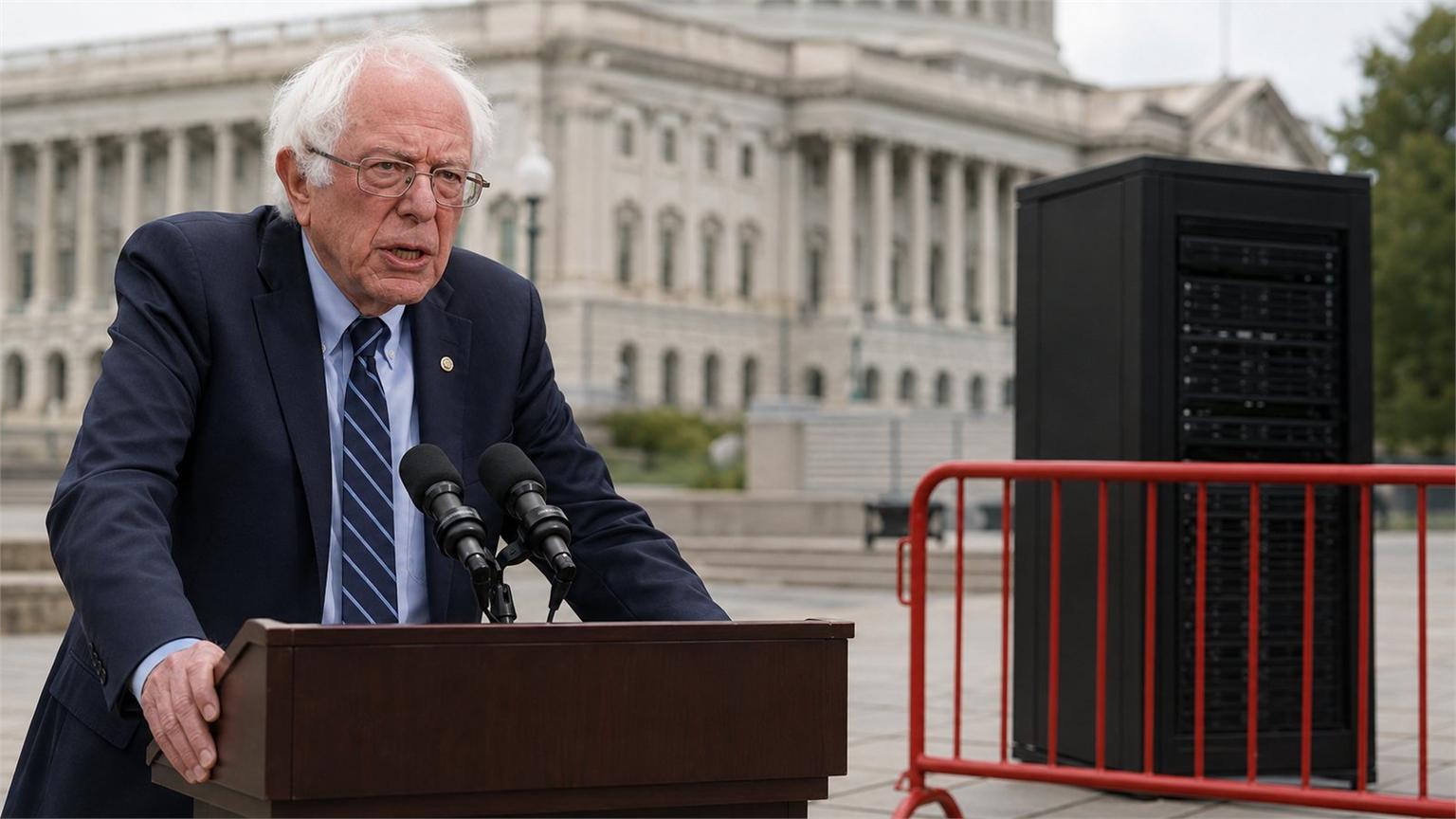 Bernie Sanders ante el Capitolio en una escena sobre superinteligencia artificial
