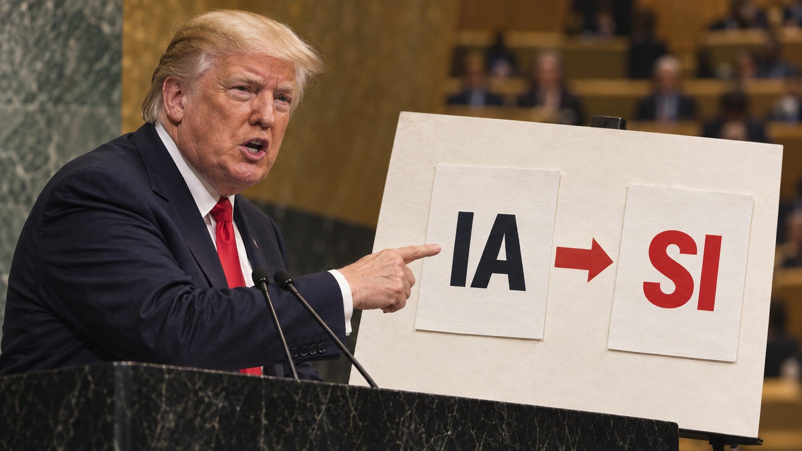 Ilustración editorial de Donald Trump junto al cambio de IA a SI para llamar superinteligencia a la tecnología