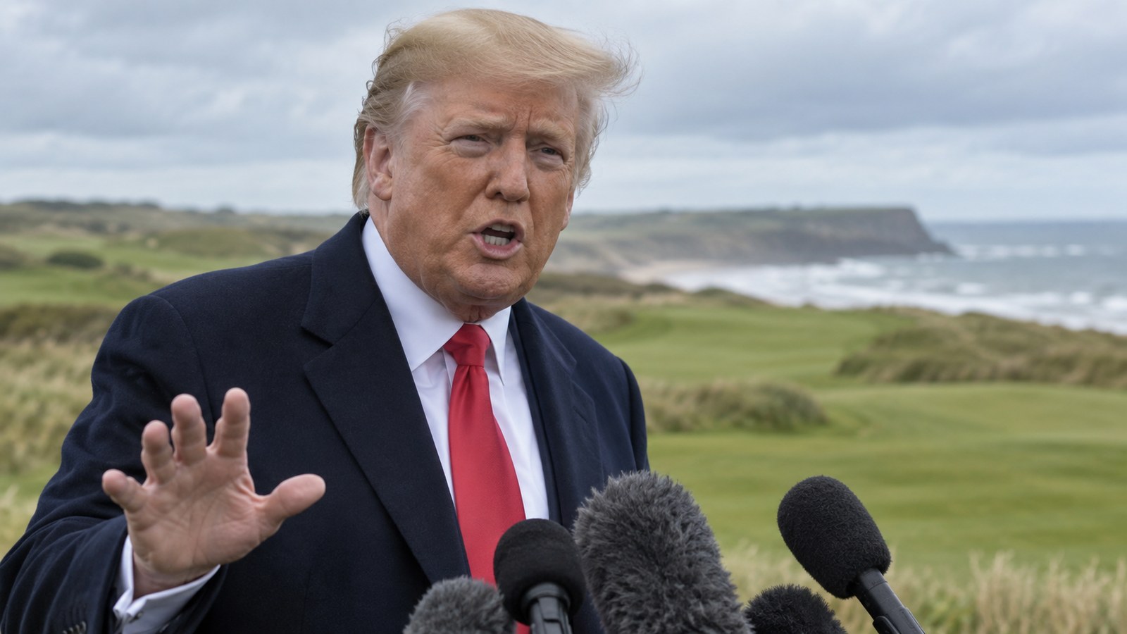 Ilustración editorial de Trump ante micrófonos de prensa en un campo de golf irlandés, al hablar de IA
