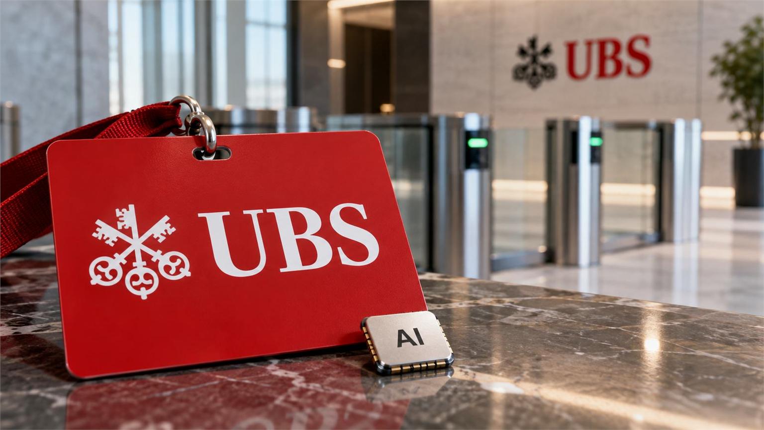 Credencial roja de UBS junto a un chip de IA y una barrera de acceso bancaria desenfocada