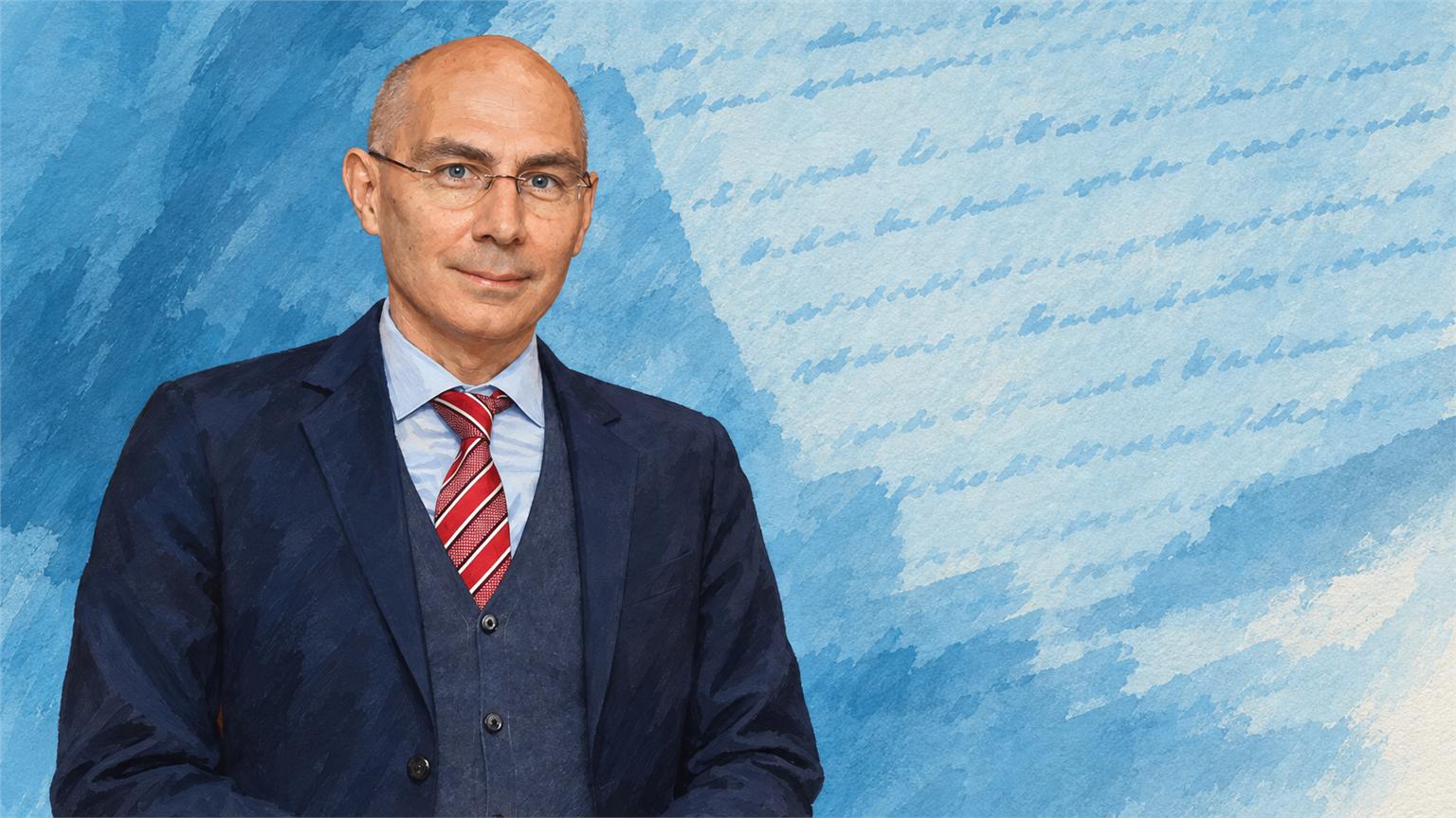 Ilustración editorial de Volker Türk sobre los derechos humanos ante la inteligencia artificial