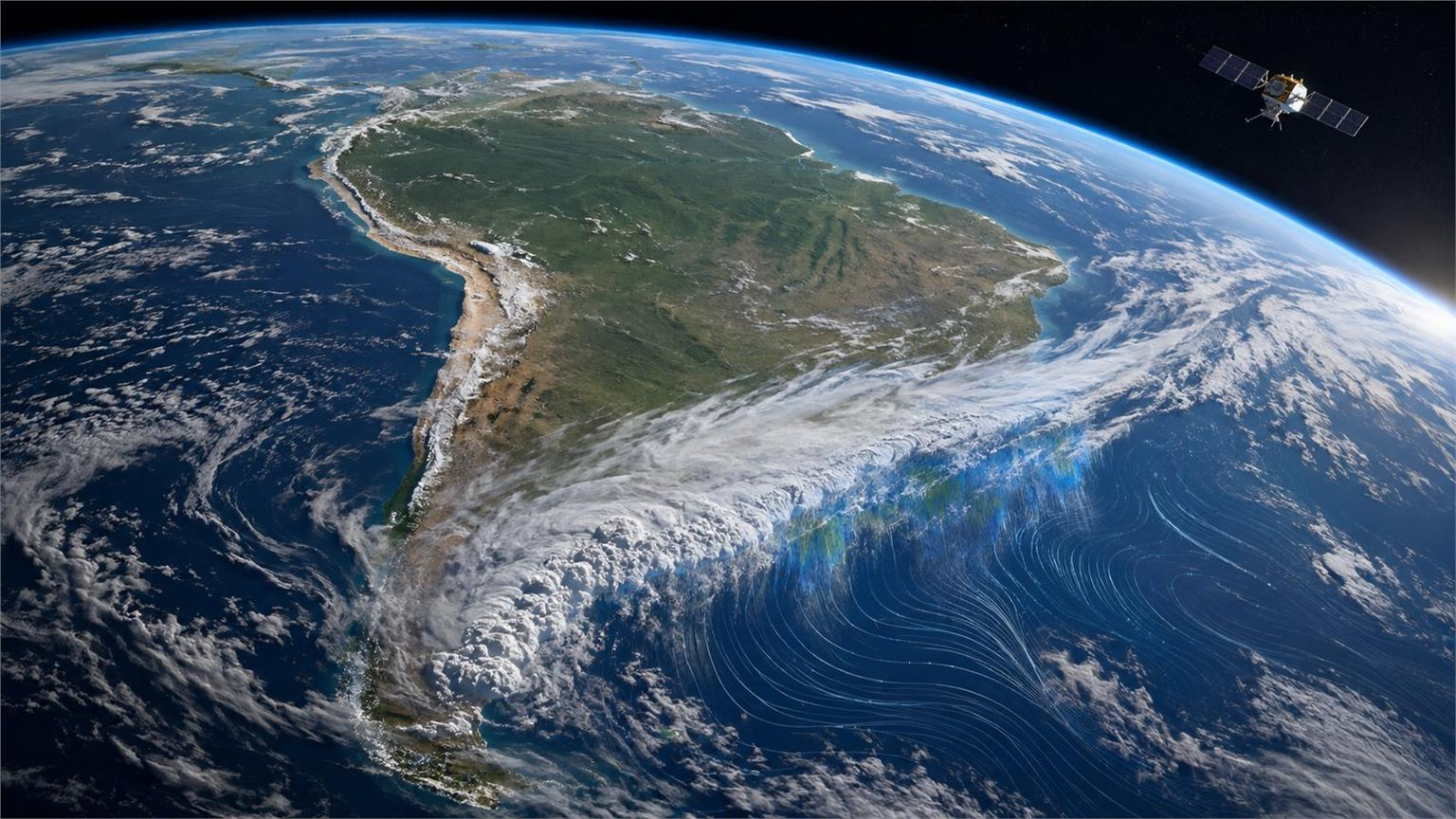 Vista satelital de Sudamérica con un frente nuboso denso para ilustrar WeatherNext 3