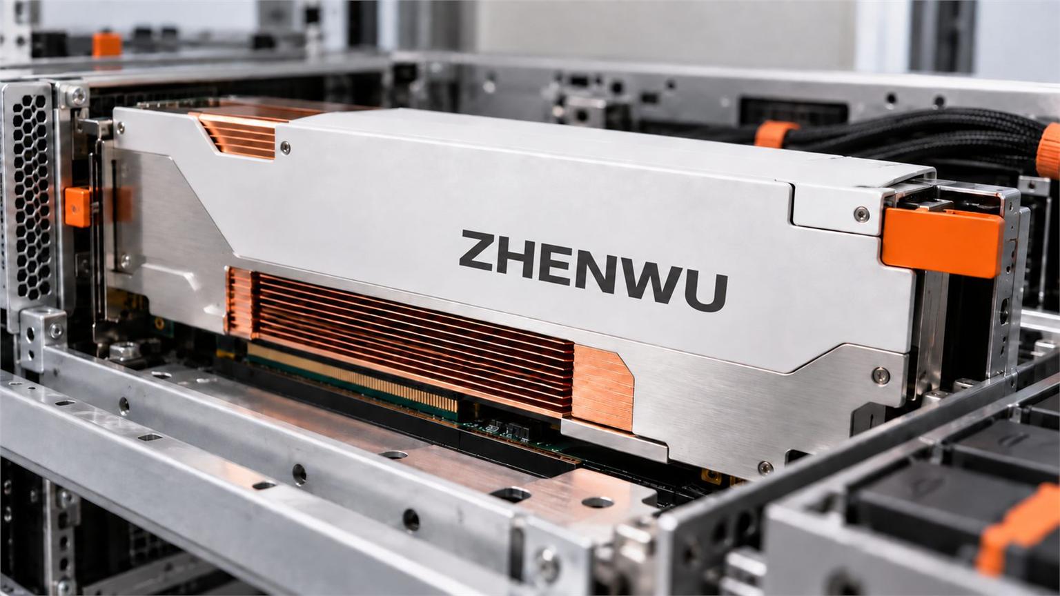 Primer plano del procesador Zhenwu V900 de Alibaba instalado en una bandeja de servidor