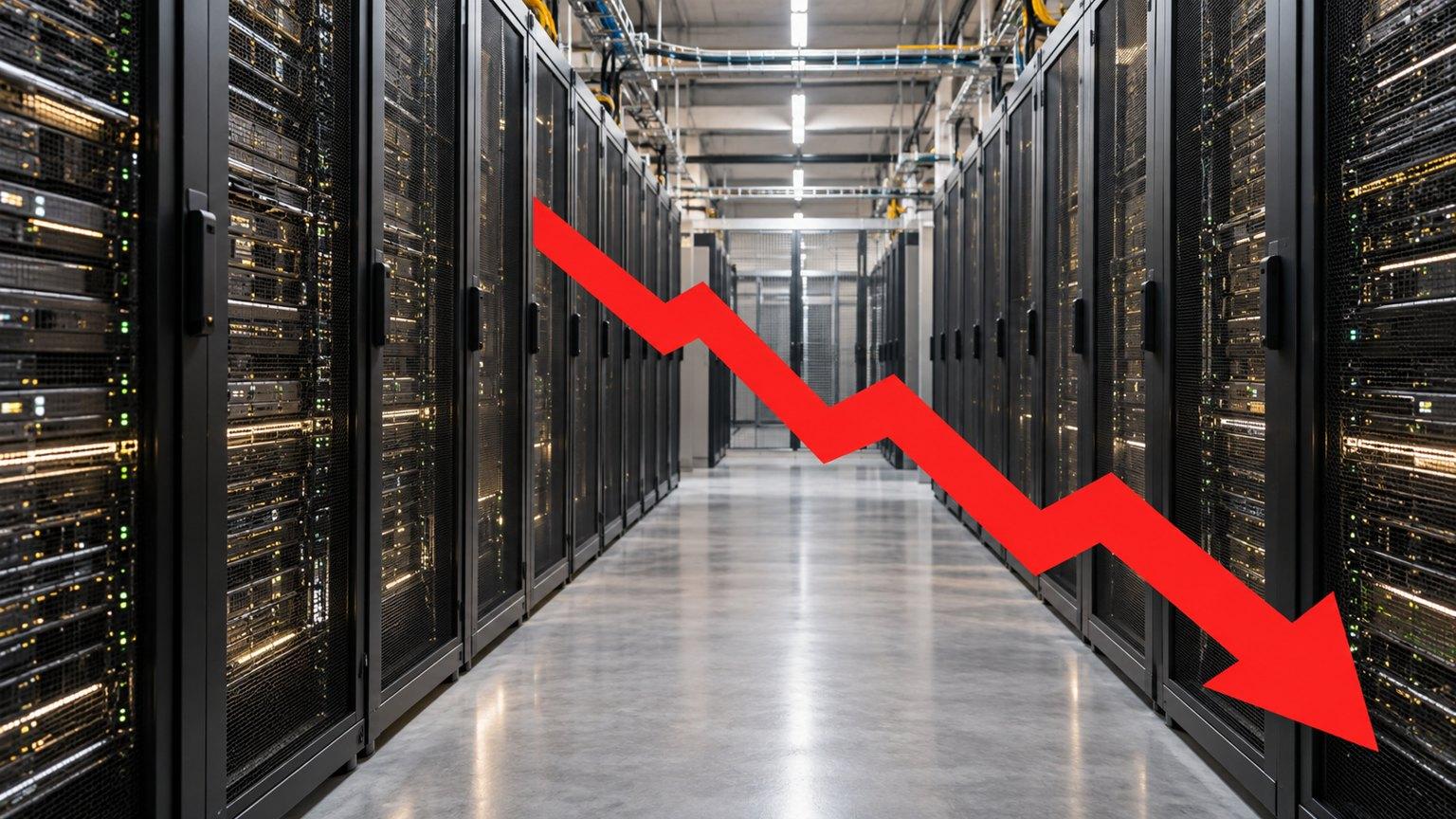 Centro de datos con una flecha roja descendente que ilustra la caída de las acciones de IA