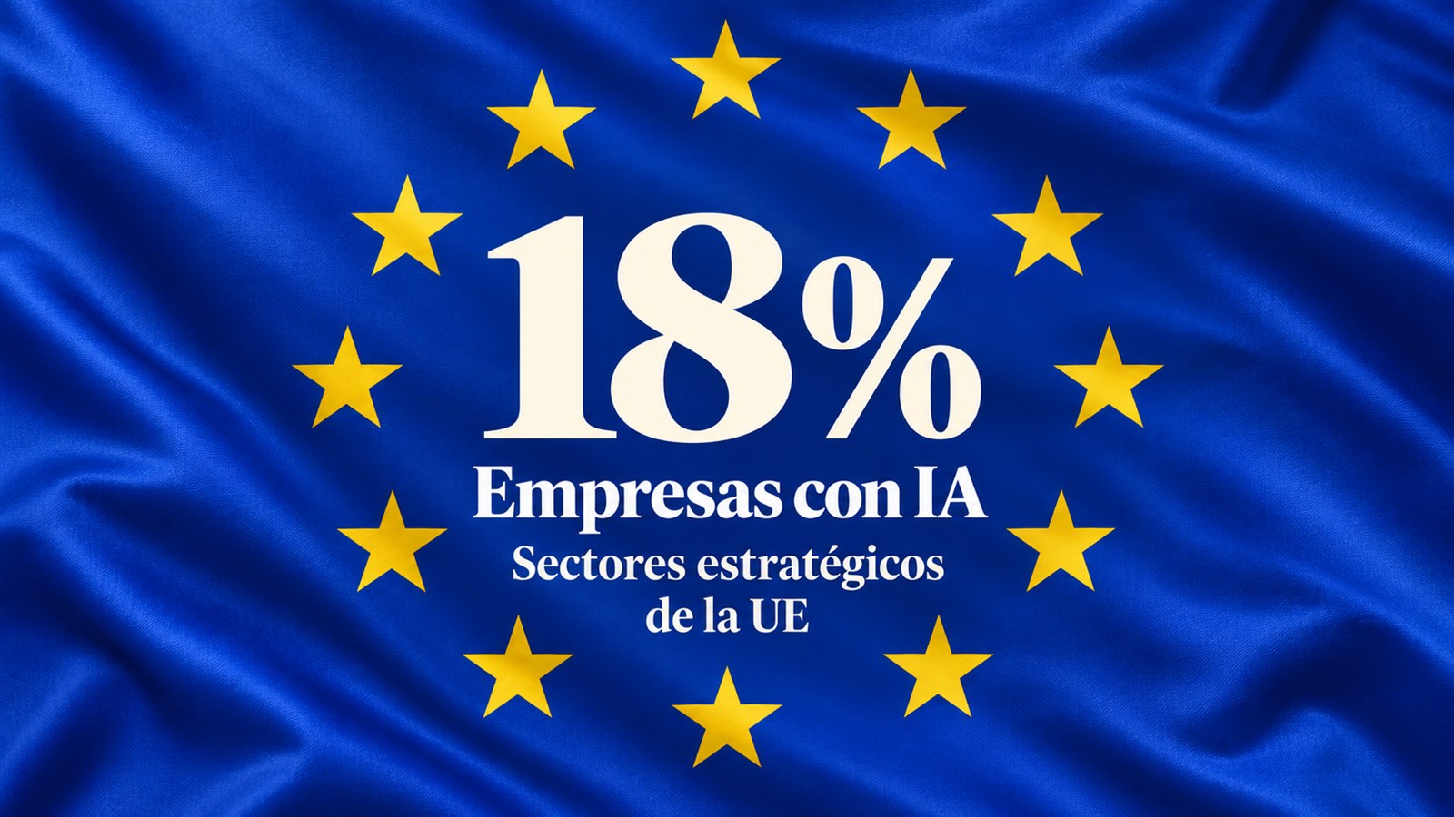 Gráfico de adopción de IA en Europa con el 18% centrado sobre la bandera de la Unión Europea