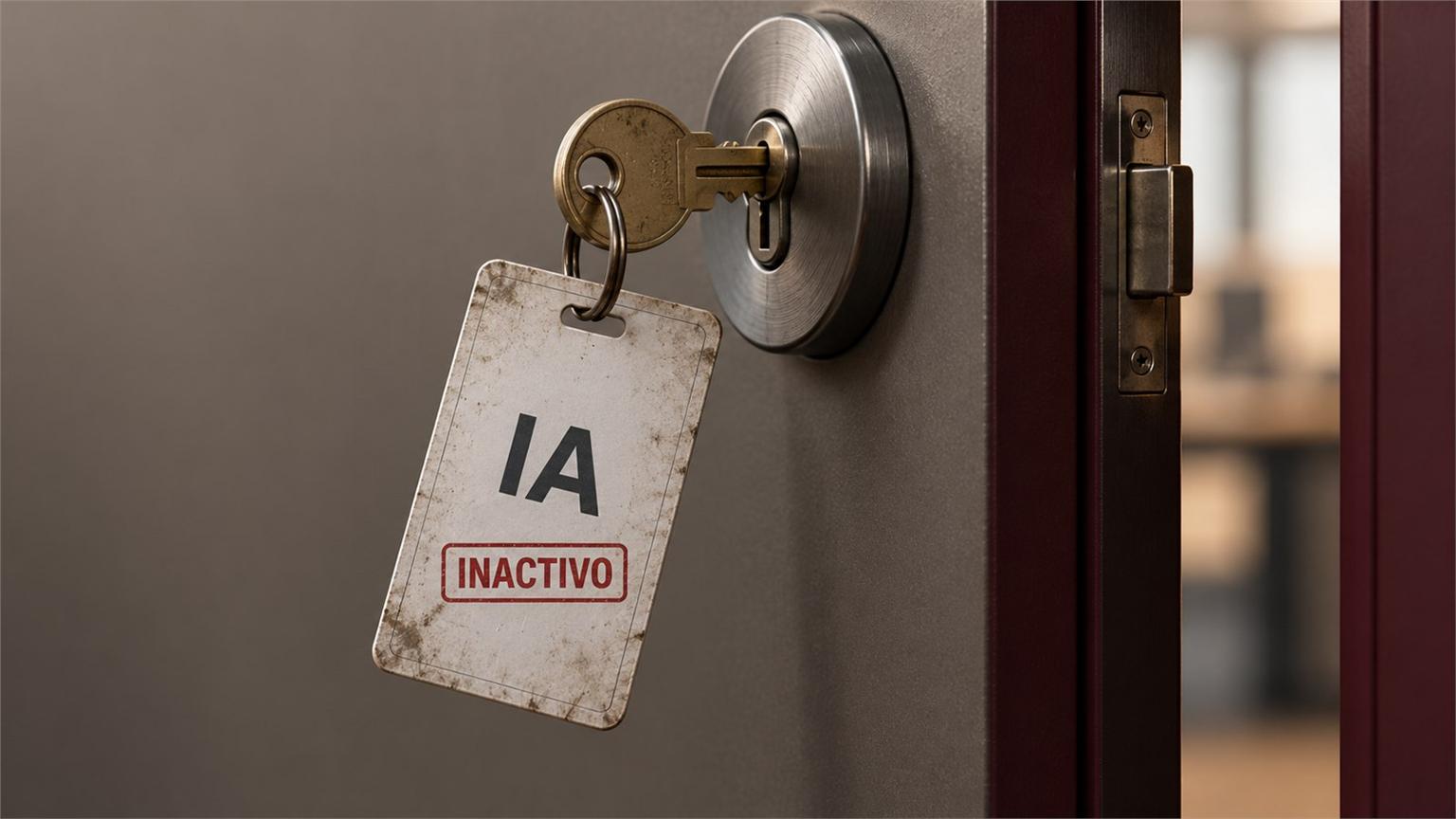 Credencial de agentes de IA marcada INACTIVO junto a una llave que permanece en una cerradura abierta