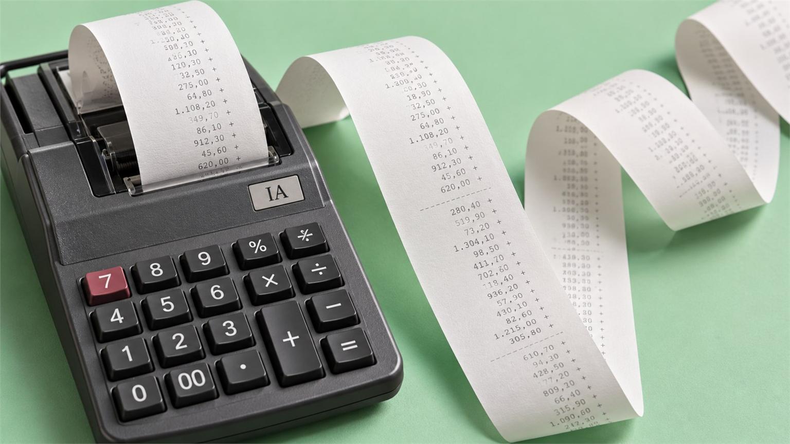 Calculadora con distintivo IA e impresión de un recibo extenso por el gasto de agentes de IA