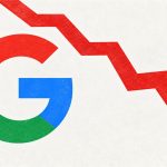 Ilustración financiera de Alphabet con la G de Google junto a una flecha roja descendente