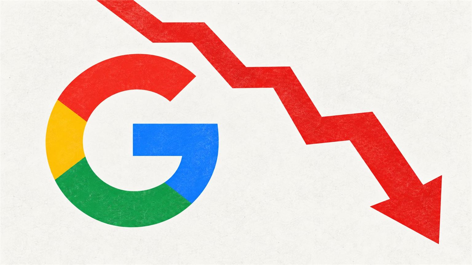 Ilustración financiera de Alphabet con la G de Google junto a una flecha roja descendente