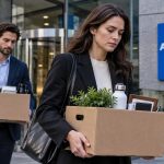 Trabajadores salen de una oficina de American Express con cajas en una ilustración editorial sobre el recorte de puestos