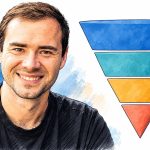 Retrato editorial ilustrado de Andrej Karpathy junto al esquema de su embudo de acceso y uso de la IA