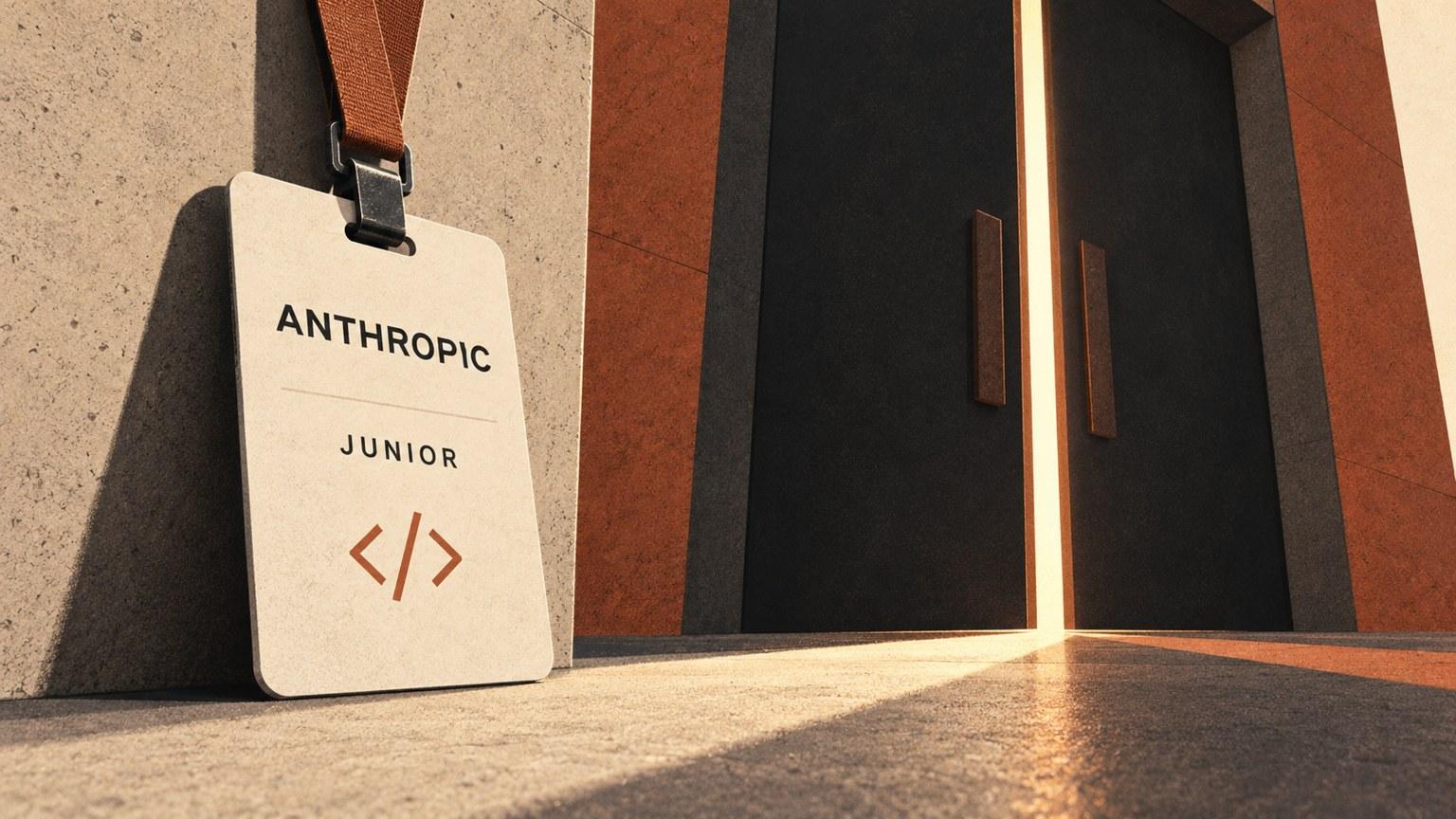 Credencial técnica junior de Anthropic apartada de una puerta de contratación en una ilustración editorial plana