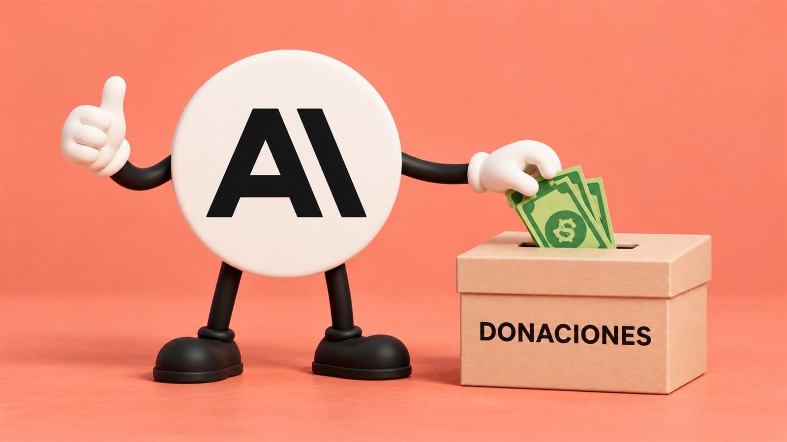 Logo de Anthropic con brazos y piernas que deposita billetes en una caja de donaciones