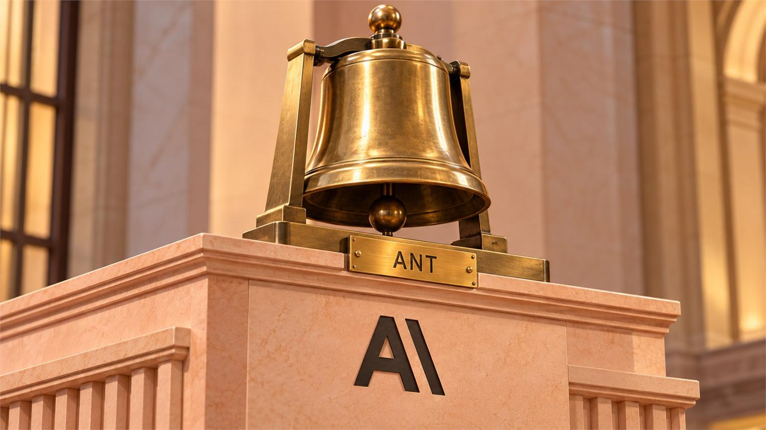 Campana bursátil junto al emblema de Anthropic en una escena editorial de salida a bolsa