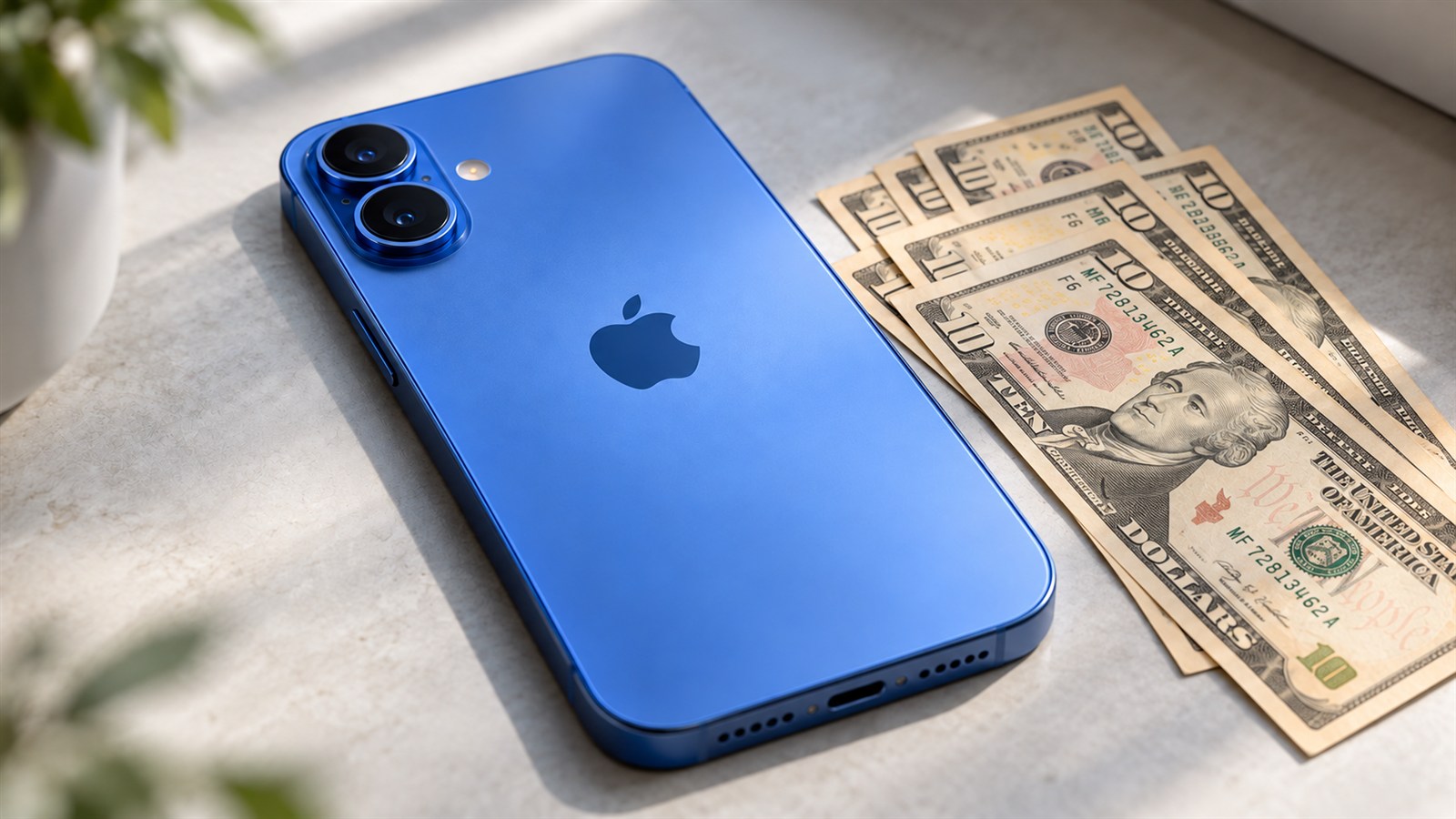 iPhone azul de Apple junto a varios billetes de diez dólares sobre una mesa