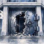 Ilustración de un banco surcoreano con una puerta de seguridad vulnerada, sobre posibles ataques con IA.