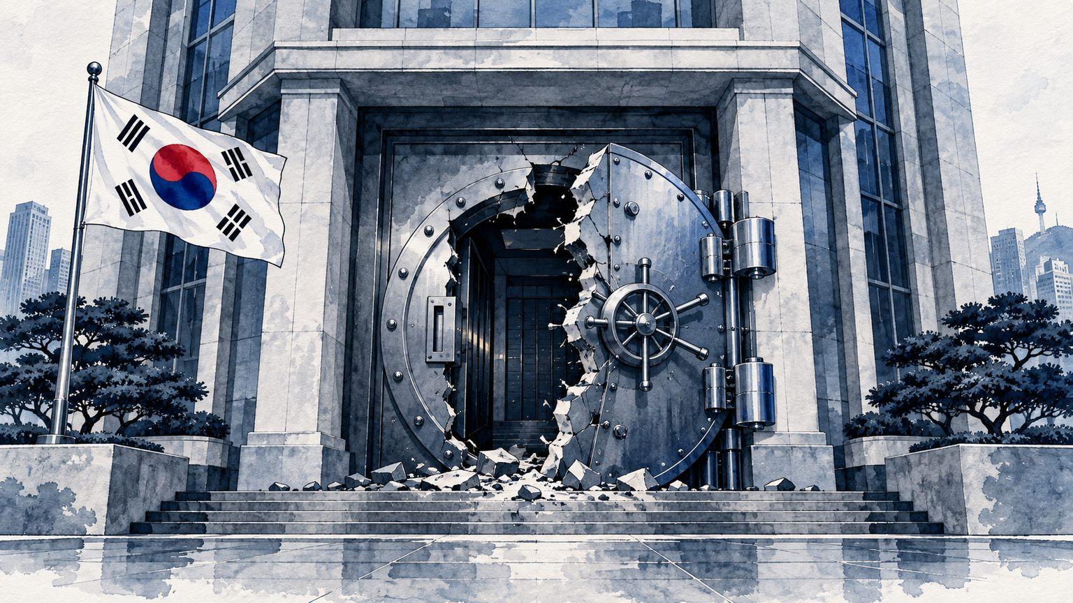 Ilustración de un banco surcoreano con una puerta de seguridad vulnerada, sobre posibles ataques con IA.