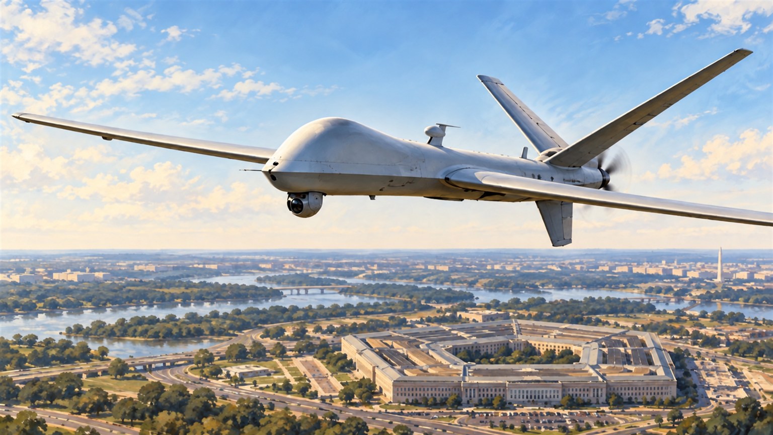 Dron militar de EEUU en vuelo sobre el Pentágono, en una imagen editorial sobre AUTOWARCOM