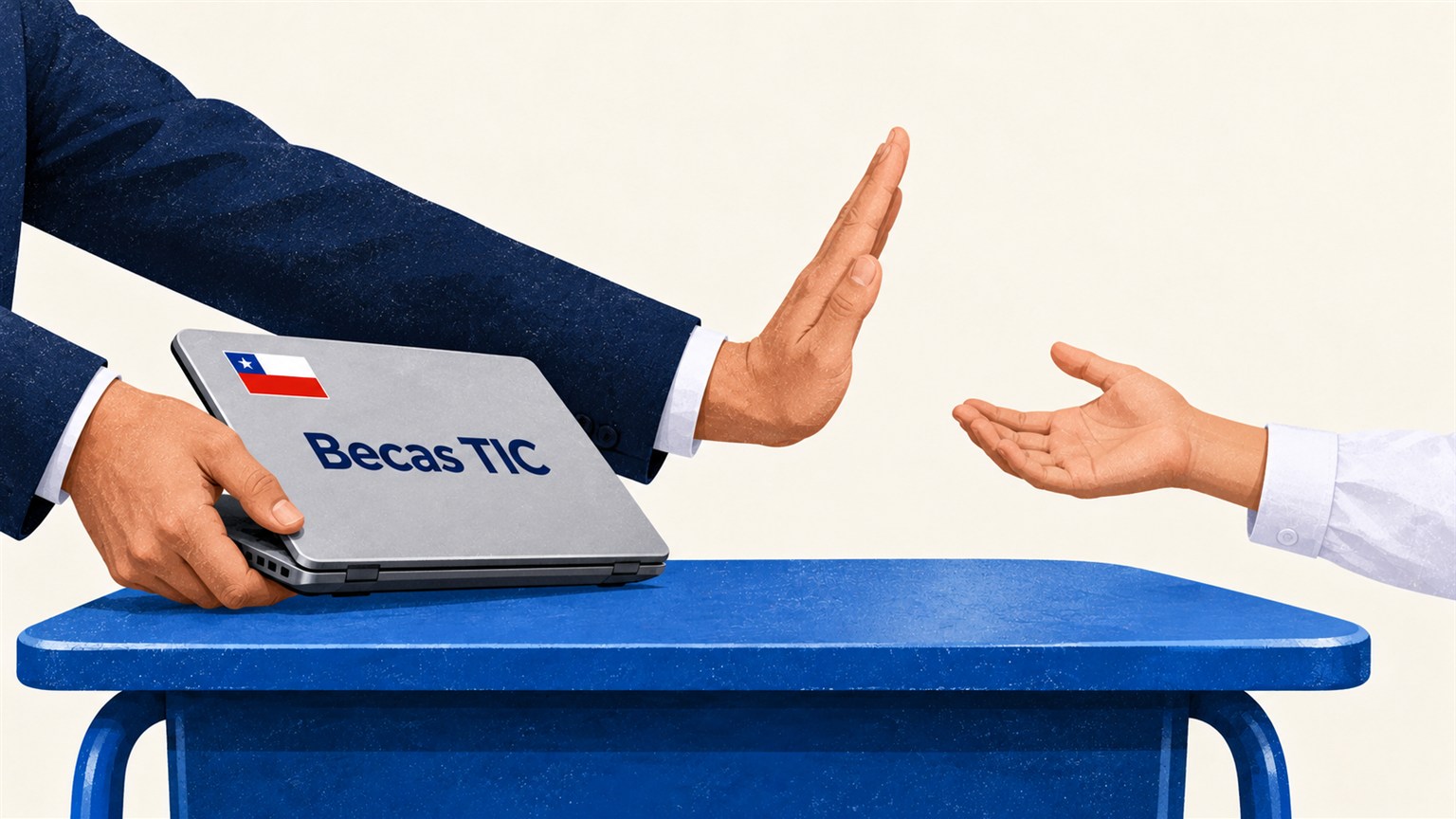 Becas TIC en un computador que un adulto retira mientras levanta la palma ante la mano de un escolar con camisa blanca