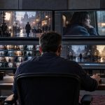 Ben Affleck visto de espaldas frente a cuatro pantallas con fragmentos de rodaje y distintas versiones de una escena.