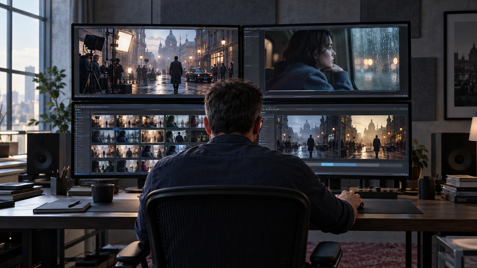 Ben Affleck visto de espaldas frente a cuatro pantallas con fragmentos de rodaje y distintas versiones de una escena.