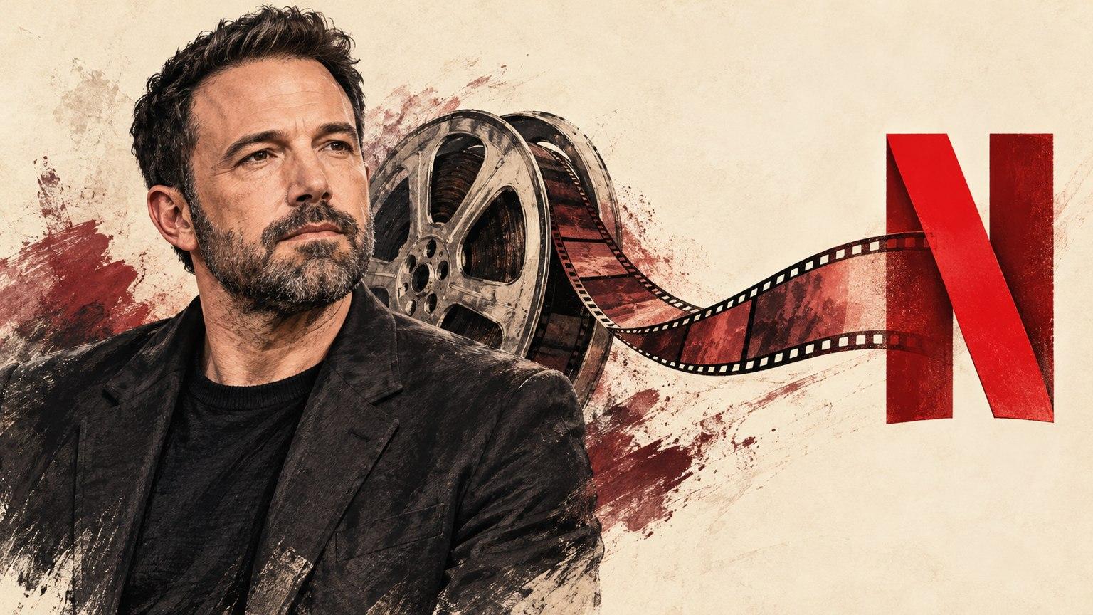 Retrato editorial de Ben Affleck junto a una bobina de película y el símbolo de Netflix.