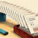Ilustración editorial de formularios repetidos de bots en una consulta pública británica sobre vapeadores