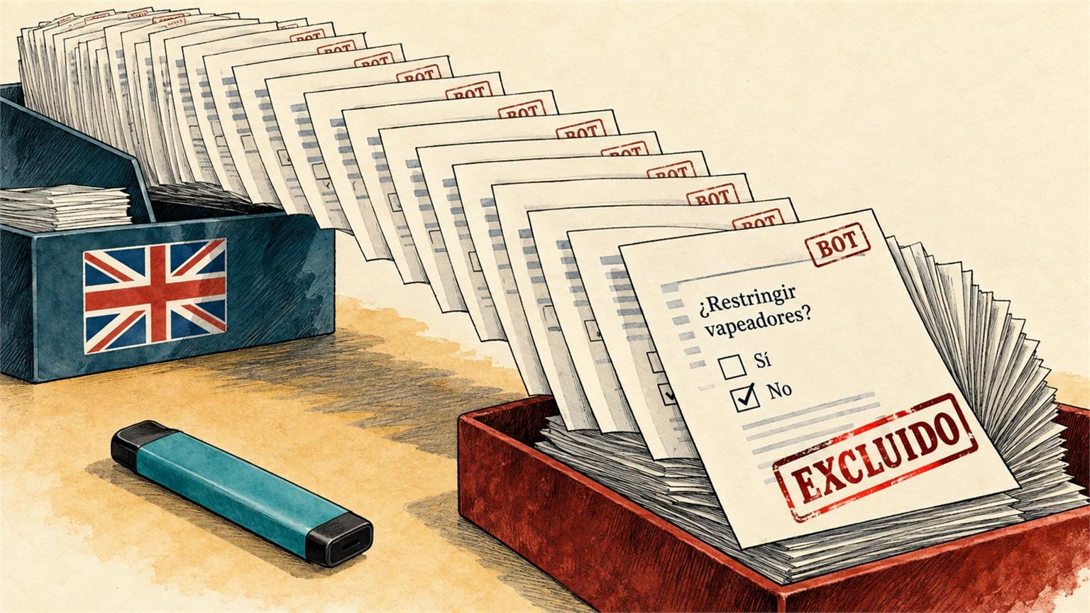 Ilustración editorial de formularios repetidos de bots en una consulta pública británica sobre vapeadores