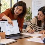 Taller de capacitación en IA con una instructora que guía un ejercicio práctico entre compañeros de trabajo
