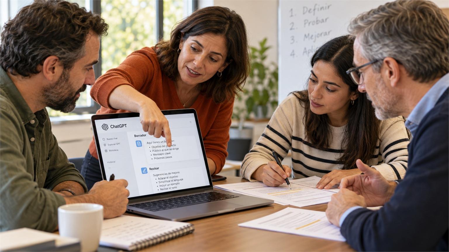 Taller de capacitación en IA con una instructora que guía un ejercicio práctico entre compañeros de trabajo