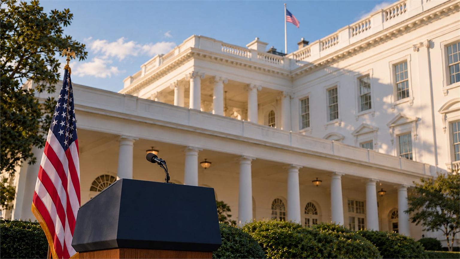 Vista oblicua de la Casa Blanca con un atril institucional en primer plano
