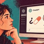 Joven ante ChatGPT en un computador con una pastilla y una copa entre interrogantes, en una ilustración sobre chatbots