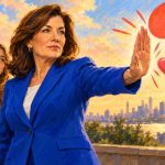 Ilustración editorial de Kathy Hochul protegiendo a dos adolescentes frente a chatbots con mensajes emocionales