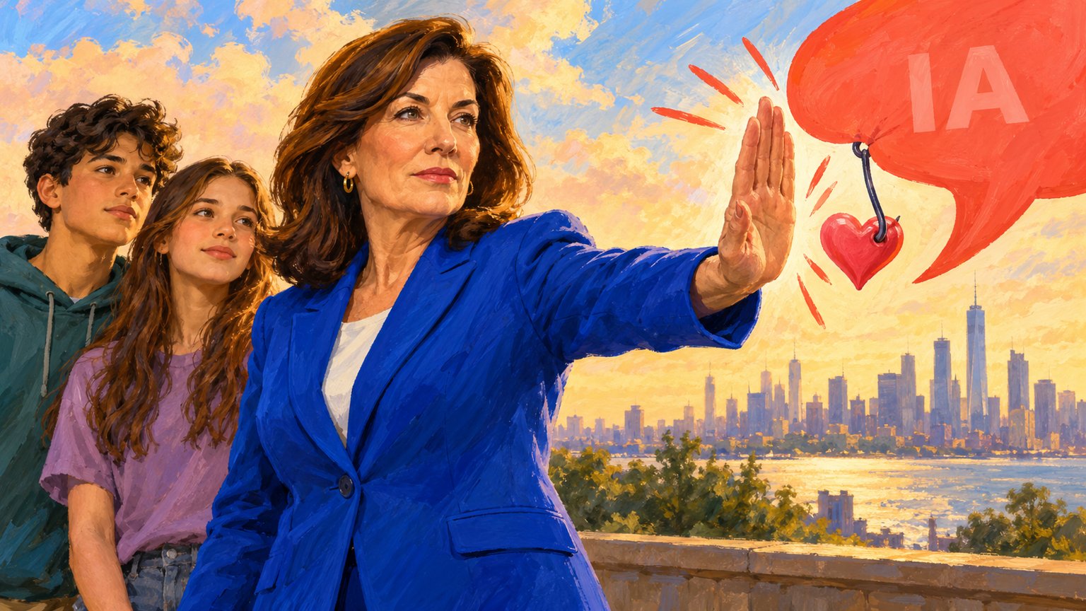Ilustración editorial de Kathy Hochul protegiendo a dos adolescentes frente a chatbots con mensajes emocionales