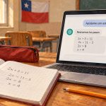 Cuaderno de ejercicios junto a un computador con chatbots de ayuda escolar en una sala de clases chilena