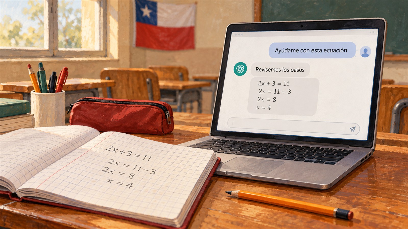 Cuaderno de ejercicios junto a un computador con chatbots de ayuda escolar en una sala de clases chilena