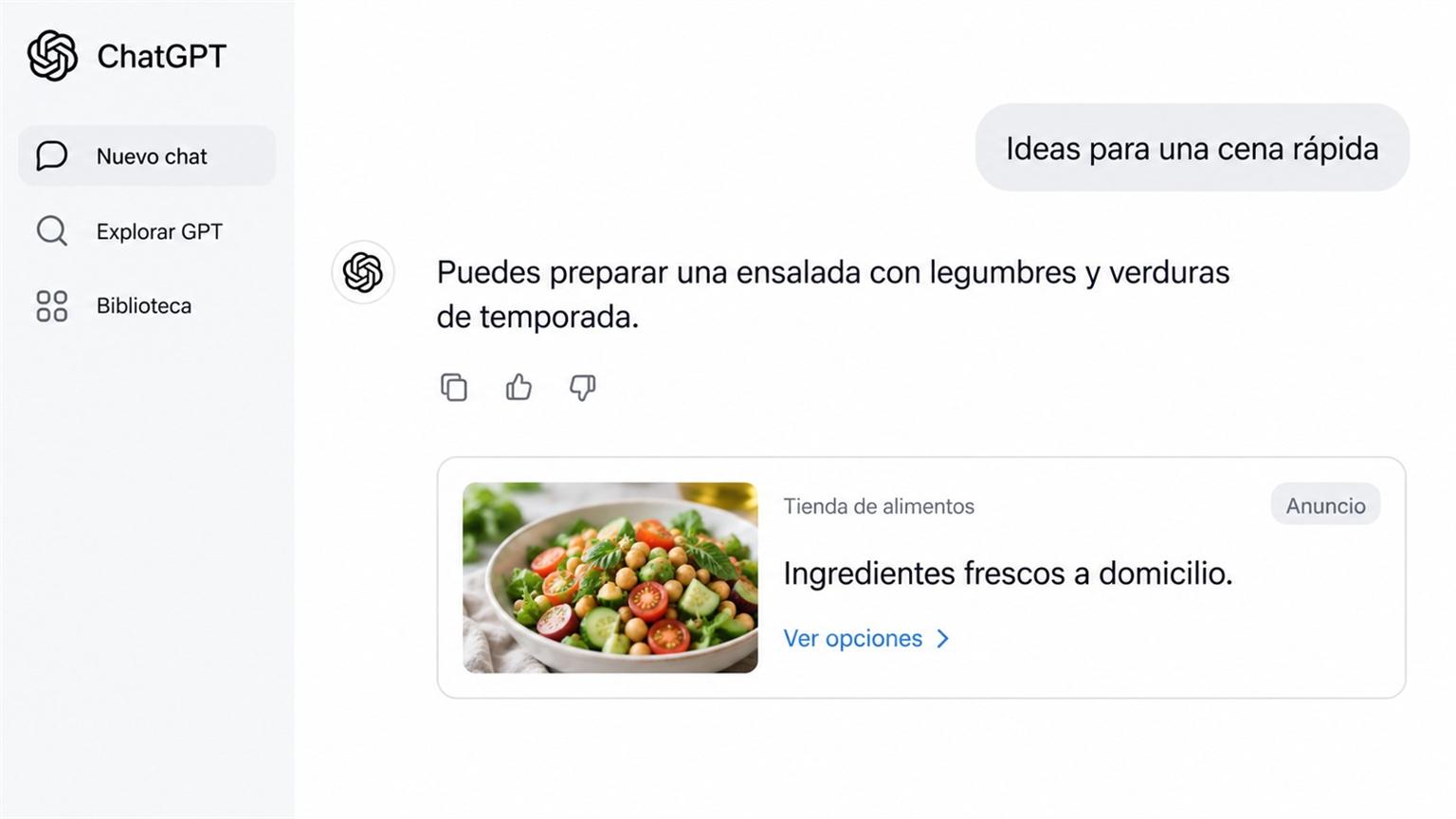 ChatGPT presenta una respuesta sobre recetas y un anuncio de alimentos separado e identificado en la interfaz