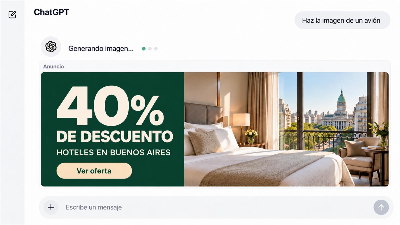 Interfaz de ChatGPT con la petición «Haz la imagen de un avión», el estado «Generando imagen...» y un anuncio de hoteles en Buenos Aires.