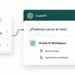 Recreación editorial de ChatGPT conectado con sistemas de finanzas de Oracle para coordinar el cierre mensual