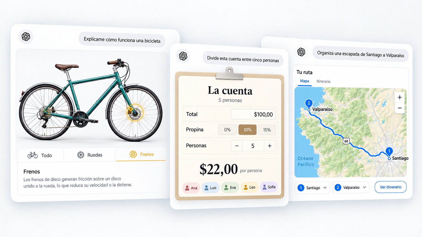 ChatGPT con una explicaciÃ³n de bicicleta, una calculadora de cuenta y un mapa de viaje en una composiciÃ³n de interfaces claras