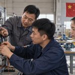 Recreación editorial de capacitación técnica de trabajadores en China, con estación industrial didáctica y bandera china