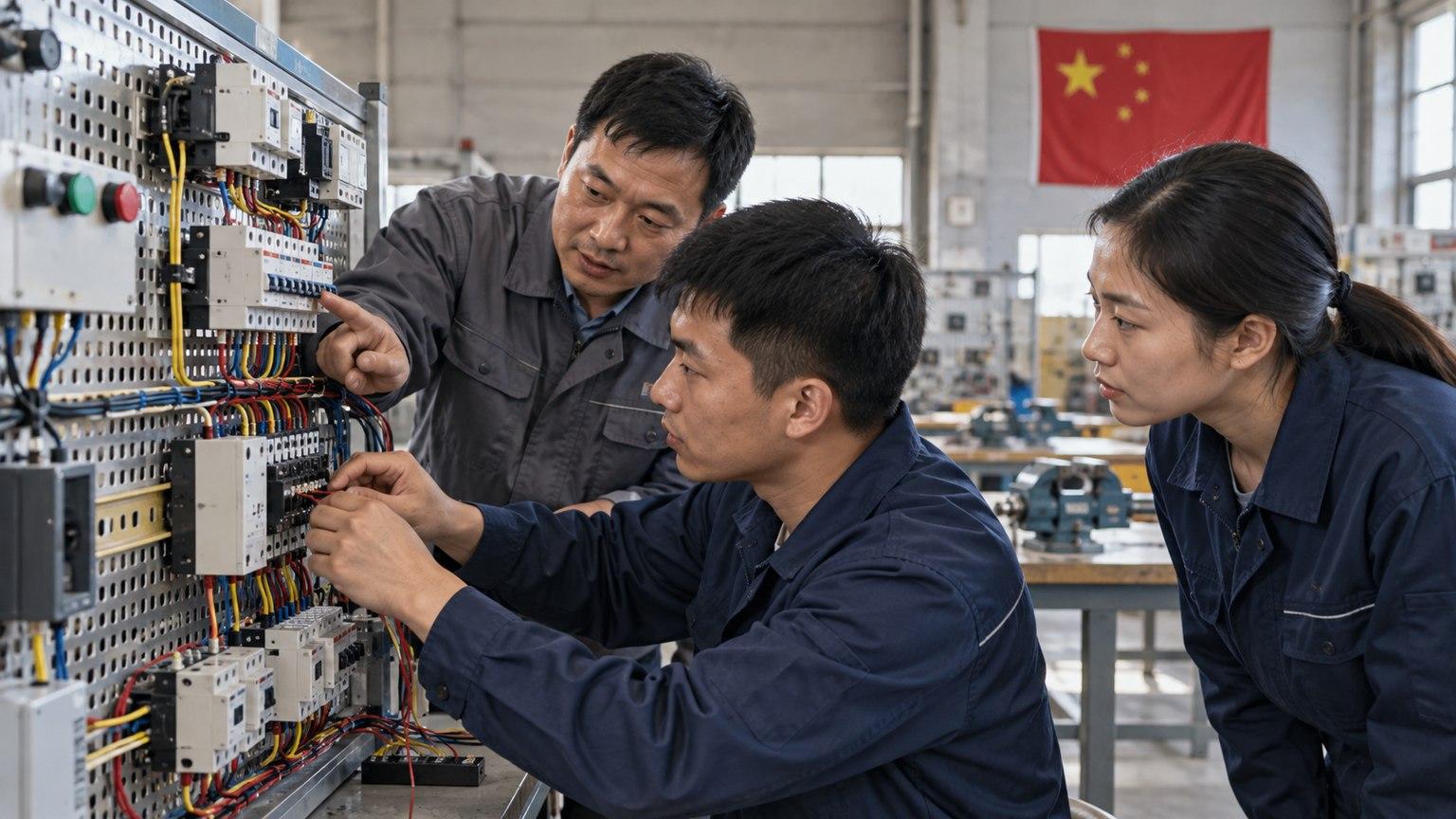 Recreación editorial de capacitación técnica de trabajadores en China, con estación industrial didáctica y bandera china