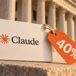 Composición editorial de Claude con una etiqueta de descuento del 40% junto a un edificio público de EEUU