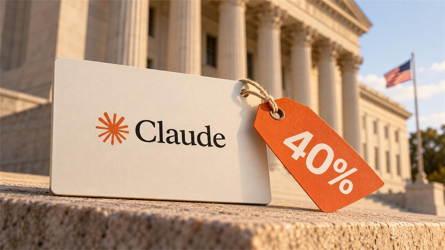 Composición editorial de Claude con una etiqueta de descuento del 40% junto a un edificio público de EEUU